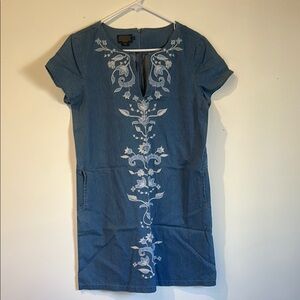 Blue Lightweight Denim Dress with White Floral Embroidery